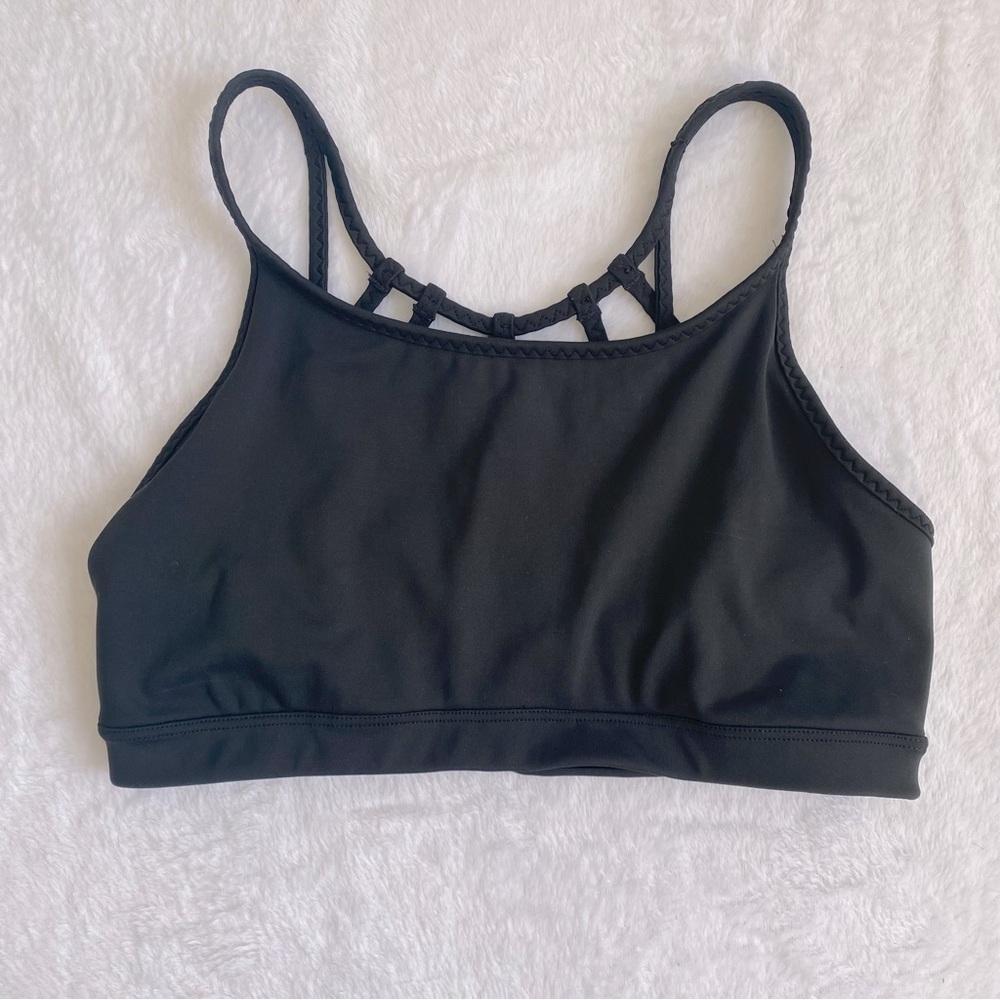 Athleta Black Medium Sports Bra w/ Mesh Back & Braided  Spaghetti Straps.